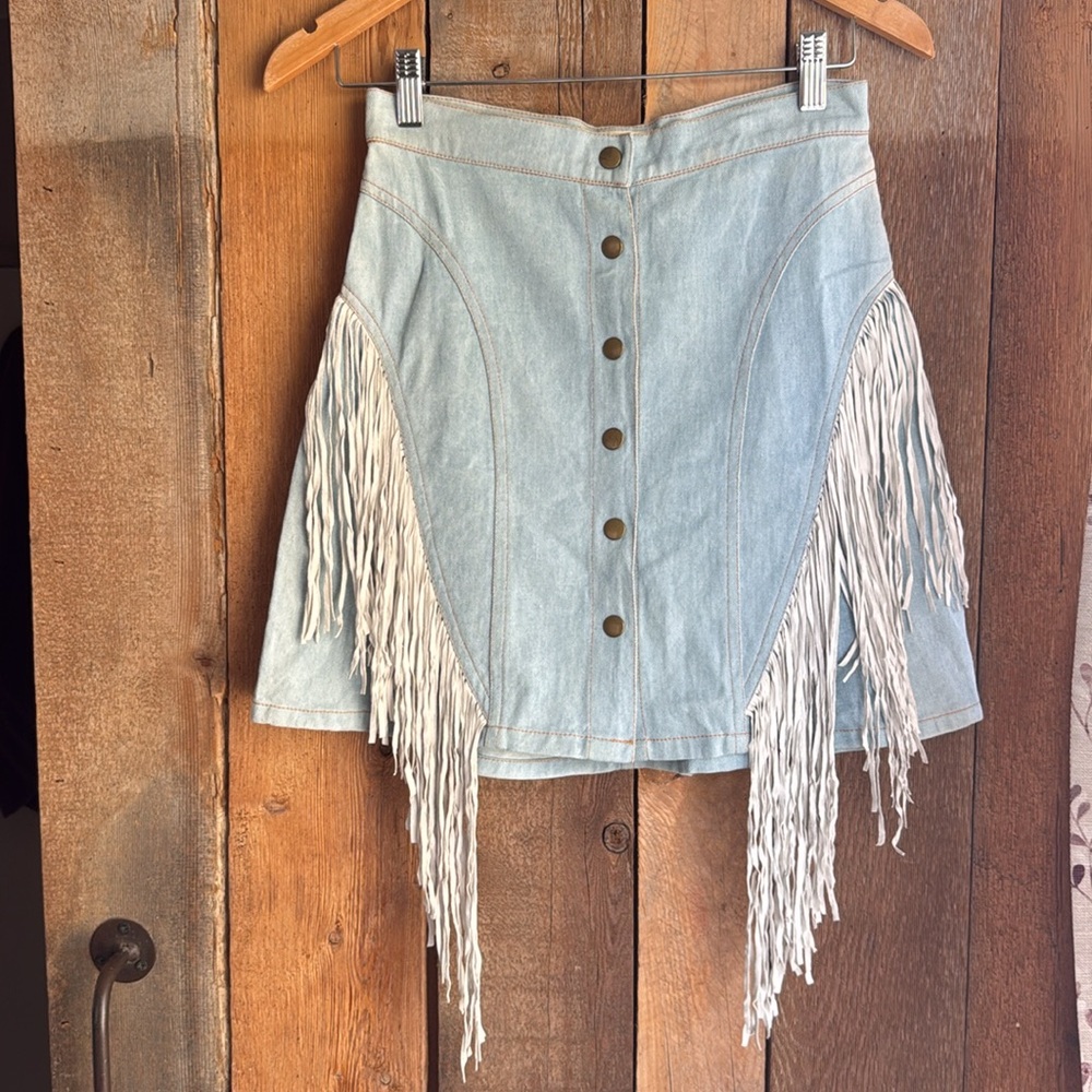 CHASING UNICORN western denim mini skirt with suede fringe - Picture 2 of 10